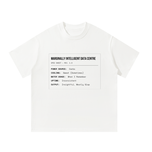 "Marginally Intelligent Data Centre" Funny AI Spec Sheet Tee — Anti-AI Slop Meme Shirt